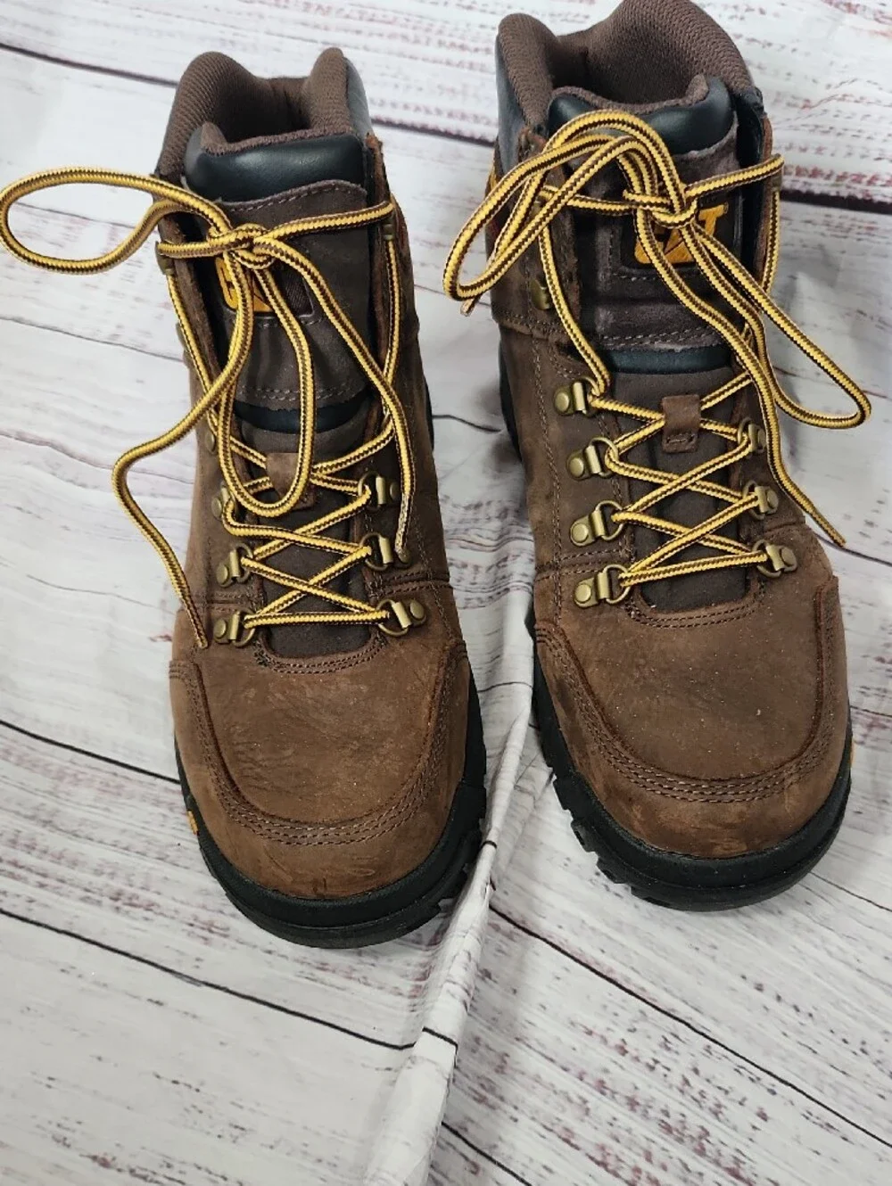 Caterpillar Brown Leather Work Boots with Yellow Laces